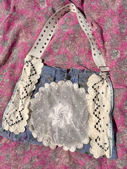 Reworked Denim Starburst Doily Lace Bag